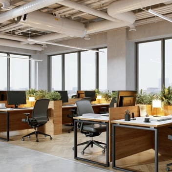 Modern office space designed for hybrid work with flexible seating